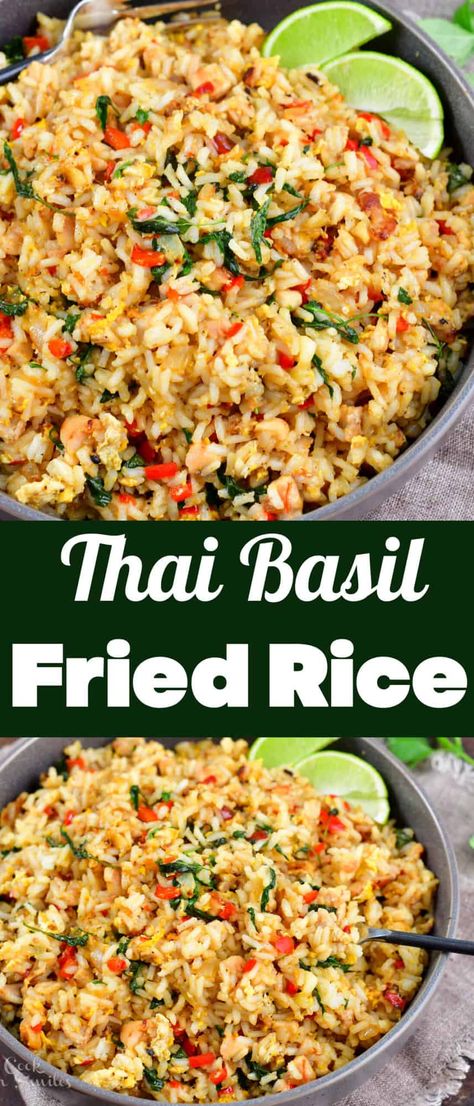 Thai Basil Fried Rice is one of the best fried rice recipes out there! The flavor comes from the fresh Thai basil, Thai chili pepper, vegetables, and the mouthwatering sauce. Sides For Thai Food, Thai Curry Side Dishes, Thai Vegetable Fried Rice, Vegan Thai Basil Fried Rice, Basil Chicken Fried Rice, Basil Fried Rice Thai Recipe, Thai Rice Dishes, Thai Basil Rice Recipe, Thai Basil Chicken Fried Rice