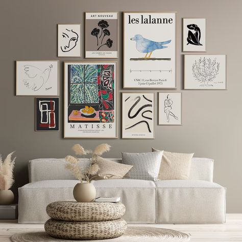 Gallery Wall For Narrow Wall, Eclectic Art Prints Blue, Gallery Wall Over Table, 4 Piece Gallery Wall, Sannahed Ikea Gallery Wall, Modern Eclectic Wall Art, Wall Art Work Ideas, Matisse Gallery Wall, Gallery Wall Minimalist