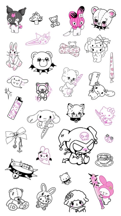 Kawaii Patchwork Tattoo, Kuromi Flash Tattoo, My Melody And Kuromi Tattoo, Pusheen Tattoo, Kawaii Flash Tattoo, Tattoo Prompts, Cute Creepy Tattoos, Kuromi Tattoo, Kuromi Art