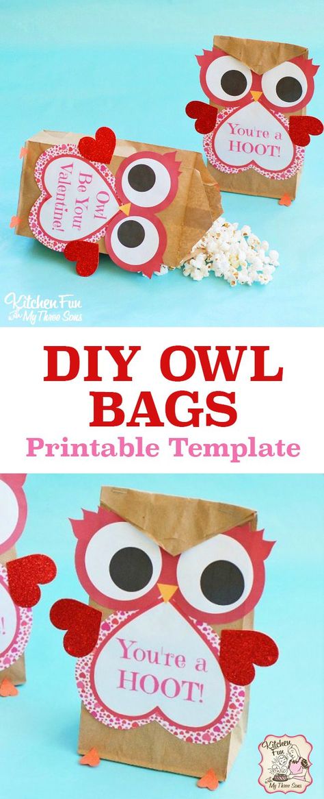 Cute Valentine Owl Craft! These Paper Treat Bags are a fun idea for kids to hand out to their friends at school for Valentine’s Day. You can fill these with popcorn, candy, crafts, or anything you want!  Free Printable paper bag kids craft. Crowd Desserts, Paper Treat Bags, Valentines Day Bags, Diy Owl, Owl Craft, Owl Bags, Owl Valentines, Valentine Craft, Valentinstag Party