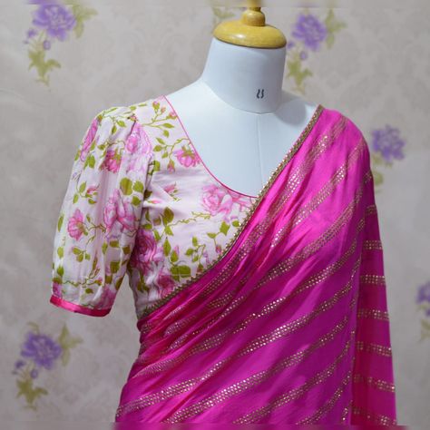 Printed Blouse Designs For Plain Saree, Shiffon Sarees Designs Latest, Shiffon Sarees Blouse Designs, Butta Hands For Blouses, Butta Hands, Ksic Saree, Cold Shoulder Blouse Designs, Long Blouse Designs, Cotton Blouse Design