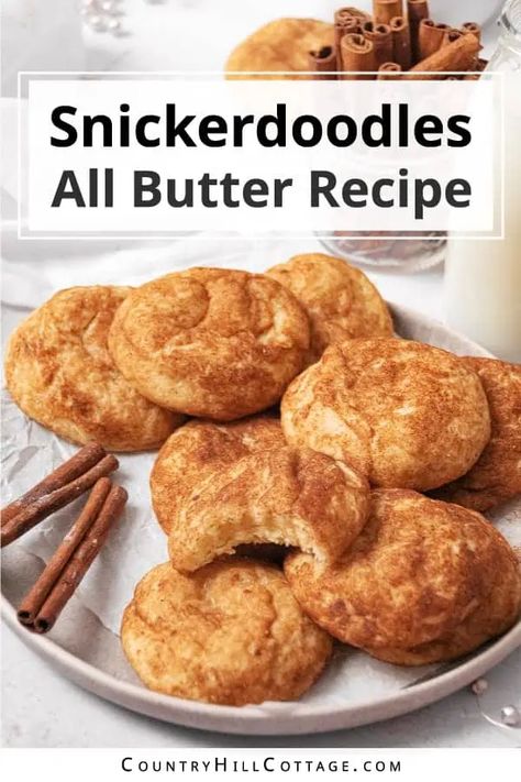 This snickerdoodle recipe without shortening makes soft, chewy, and buttery cinnamon sugar cookies. The all-butter snickerdoodles use simple pantry staple ingredients and are no chill, meaning you can enjoy fresh cookies in under an hour. The recipe makes the softest, chewiest, most mouthwatering snickerdoodles you've ever had! You can make snickerdoodle cookies with butter for any event, get-together, holiday and Christmas baking or just an after-school snack. | CountryHillCottage.com Fried Pie Dough Recipe, Fried Pie Dough, Snickerdoodle Cookies Recipe No Tartar, Snickerdoodles No Cream Of Tartar, Snickerdoodle Without Cream Of Tartar, Recipe For Snickerdoodles, Snickerdoodle Cookies No Cream Of Tartar, How To Make Snickerdoodles, Single Serving Snickerdoodle Cookie