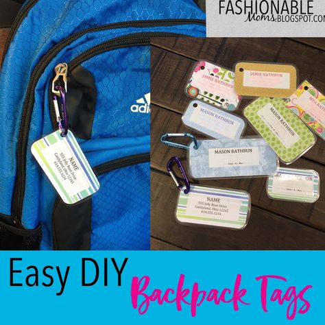 Supplies Needed: Scrapbook Paper or Any Decorative Paper Labels or Plain Paper Printed with Name, Address, etc. Laminator & Lam... Diy Bag Tags, Luggage Tags Printable, Diy Name Tags, Diy Backpack Pattern, Luggage Tags Diy, Kids Bag Tags, Name Tag For School, Diy Luggage, Diy Backpack