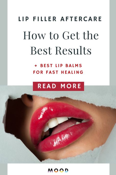 red lips on a gray-green background with text: Lip Filler Aftercare: How to get the best results + best lip balms for fast healing. Read more button. Lip Filler After Care, After Lip Fillers, Filler Aftercare, Lavender Lip Balm, Mood Calm, Lip Care Tips, Lip Care Routine, After Care, Healthy Lips