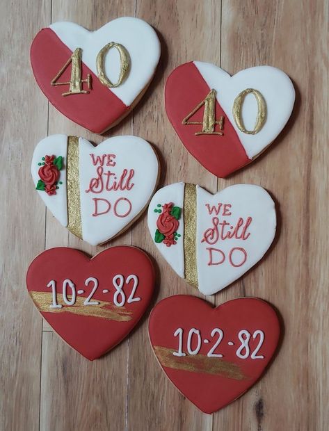 Ruby Themed Anniversary Party, Ruby Red 40th Anniversary, Parent Anniversary Party Ideas, 40th Anniversary Cookies Decorated, Ruby Red Anniversary Party Ideas, 40th Wedding Anniversary Cookies, 40 Year Wedding Anniversary Party, Ruby Party Theme, 40th Anniversary Cookies