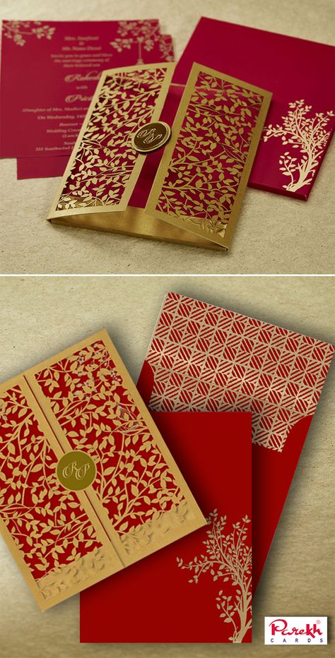 The invitation card is made out of high quality Red paper board with matching mailing box envelope and coordinated inserts inside. Card front has a beautiful golden tree laser-cut design with rich style of Door opening. Card front also has round wooden laser-cut paste-up in center with Gold plated Initials paste-up on top gives are customizable as per couple’s name. Hindu Wedding Invitation Cards Indian Style, Wedding Invitation Card Design Creative, Hindu Wedding Invitation Card Design, Red Invitation Card, Traditional Indian Wedding Cards, Opening Card, Hindu Wedding Invitation Cards, Marriage Card, Box Envelope