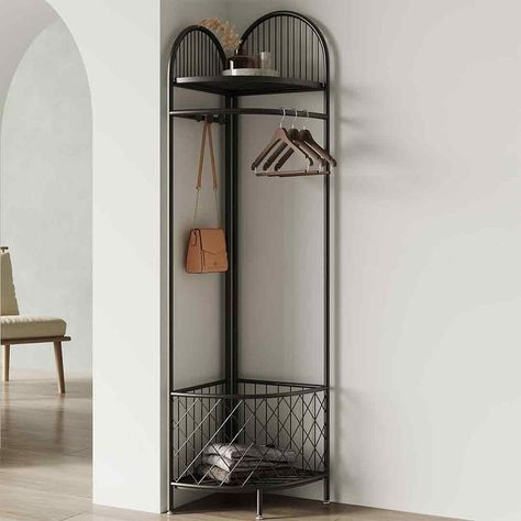 Small Space Hanging Storage, Coat Hanger Storage, Living Room Coat Rack Ideas, Corner Clothes Storage, Storage For Small Apartment, Bathroom Coat Rack, Aesthetic Coat Hanger, Metal Rack Decor, Functional Interior Design Space Saving