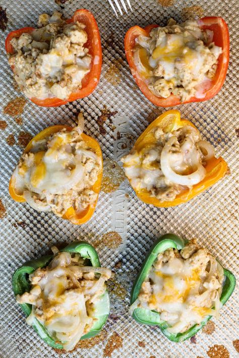 Chicken Philly Cheesesteak Stuffed Peppers Philly Cheesesteak Stuffed Peppers, Chicken Philly Cheesesteak, Chicken Lettuce Cups, Chicken Philly, Cheesesteak Stuffed Peppers, Spicy Buffalo Chicken, Chicken Milk, Homemade Cheese Sauce, Lean Chicken