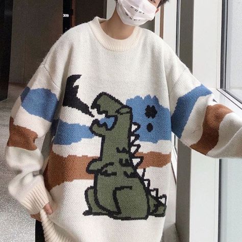 Dino Sweater, Soft Boy Outfits, Soft Boy Aesthetic, Sweater Streetwear, 강아지 그림, Diy Vetement, Soft Boy, Mens Outfit Inspiration, Streetwear Men Outfits