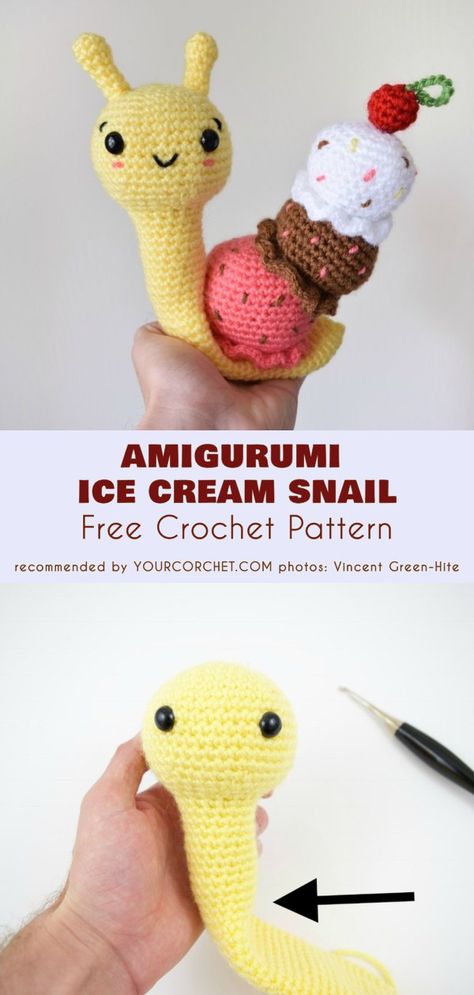 Amigurumi Ice Cream Snail Free Crochet Pattern #freecrochetpatterns #crochettoy #amigurumi #amigurumipattern Amigurumi Ice Cream, Crochet Snail, Easy Crochet Projects, Baby Knitting Patterns Free, Beginner Crochet Projects, Amigurumi Free, Crochet Toys Patterns, Easy Crochet Patterns, Crochet Gifts