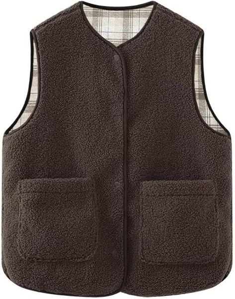 CUFEZN Women's Fuzzy Sherpa Fleece Vest Casual Button Down Waistcoat Sleeveless Gilet Reversible Plaid Outerwear with Pockets at Amazon Women's Coats Shop Plaid Outerwear, Casual Vest, Fleece Vest, Amazon Women, Coats For Women, Plaid