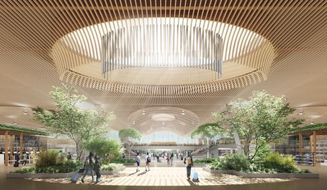 ZGF Gives a First Look at Portland International Airport's New Main Terminal Greenery Interior, Interactive Spaces, Portland Airport, Portland International Airport, Sky City, Timber Roof, Airport Design, Airports Terminal, Bus Terminal