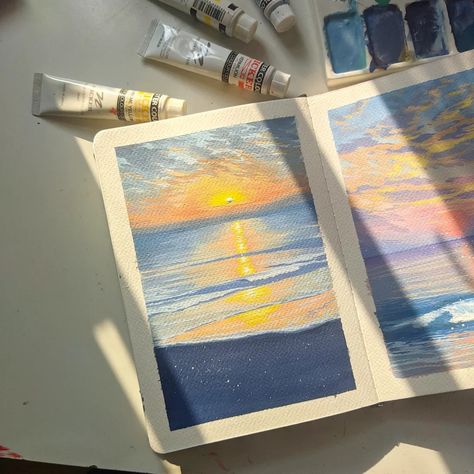 Sunset Gouache Painting, Beach Gouache, Gouache Sunset, The Sea Drawing, Aesthetic Paint, Beach Sunset Painting, Painting Sunrise, Scenic Painting, Sketchbook Spreads