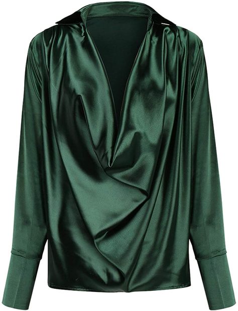 SEMATOMALA Women's Satin Cowl Neck Long Sleeve Blouse Silk Deep V Neck Regular Fit Shirt Elegant Draped Front Top Tee at Amazon Women’s Clothing store Elegant Silk V-neck Blouse, Elegant Draped Silk Top, Luxury Cowl Neck Formal Tops, Luxury Chic Tops With Cowl Neck, Green Silk V-neck Top, Cowl Neck Long Sleeve, Baby Tees Y2k, Top Shirt Women, Loose Shirts