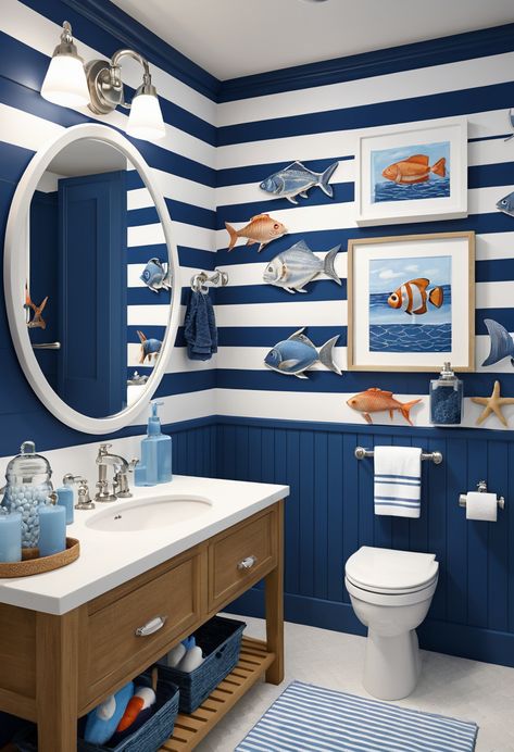 Dive into the world of nautical themes with blue and white stripes and fun fish decorations. Ideal for little sailors #NauticalBathroom #KidsDecor Fishing Themed Bathroom, Nautical Themed Bathroom, Fish Decorations, Kids Bathroom Ideas, German Houses, Nautical Bathroom, Themed Bathroom, Nautical Bathrooms, Fishing Decor