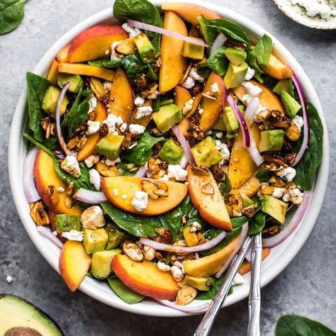 Summer Peach Spinach Salad with Avocado | Ambitious Kitchen Homemade Balsamic Vinaigrette, Summer Bbq Recipes, Salad With Avocado, Ambitious Kitchen, Peach Salad, Fun Salads, Stuffed Avocado Healthy, Summer Salad Recipes, Peach Recipe