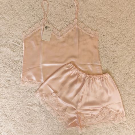 Nwt Silk Pajama Set Satin Pink Camisole And Shorts With Polyester Lace Sizes: M, L Offers Welcome! More Silk Lingerie And Panty Set Options Available In My Closet! Size M Measurements (Approx Laying Flat): Cami- Width 18.5 In, Length 20.75 In Shorts- Waist 12.5-21 In, Length 12 In Size L Measurements (Approx Laying Flat): Cami- Width 21 In, Length 21.5 Shorts- Waist 14-22 In, Length 13.5 In Cami And Shorts Pajamas, Silk Cami Pajama Set, Silk Shorts Pajamas, Silk Pink Pajamas, Coquette Pajama Set, Silk Pjs Aesthetic, Girly Pjs, Pink Satin Pajamas, Sleepwear Women Nightwear