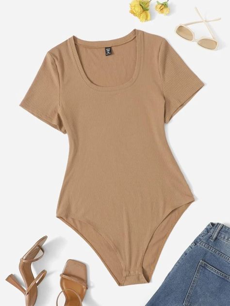 SHEIN EZwear Plus Solid Rib-knit Bodysuit | SHEIN USA Cute Bodysuits, Khaki Tops, Prom Dresses Long Pink, Cute Nike Outfits, Ribbed Knit Bodysuit, Stylish Hoodies, Shein Outfits, Khaki Fashion, Knit Bodysuit