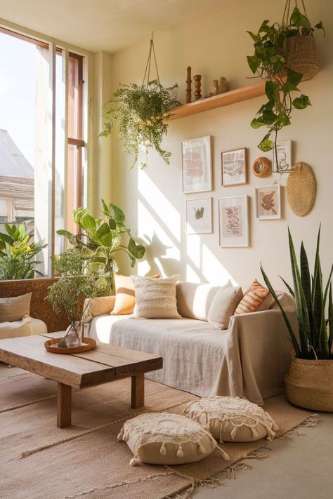 An inviting bohemian living room with earthy decor, a macrame wall hanging, and cozy seating. Japanese Bohemian Decor, Cozy Summer Home Decor, Boho Clean Living Room, Small Apartment Boho Decor, Boho Cottage Core Living Room, Small Boho House, Boho Living Room Window, Clean Boho Living Room, Boho Plant Living Room