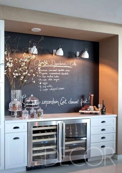 Bar In Casa, Bar Inspiration, Built In Bar, Home Bar Designs, Chalkboard Wall, Kitchen Upgrades, Basement Bar, Basement Renovations, Kelly Wearstler