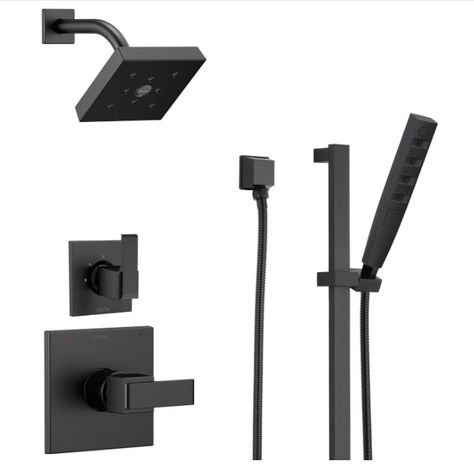 Delta Faucet Ara 3-Setting Matte Black Shower System Including Black Shower Head, Slide Bar Handheld Shower, Shower Handle, Shower Diverter and Shower Valve Kit, Delta Shower Trim Kit, Matte Black Delta Shower System With Handheld, Delta Shower Fixtures, Black Shower System, Black Bathroom Fixtures, Delta Shower, Bathroom Apartment, Navigation Design, Shower Diverter, Bath Collection