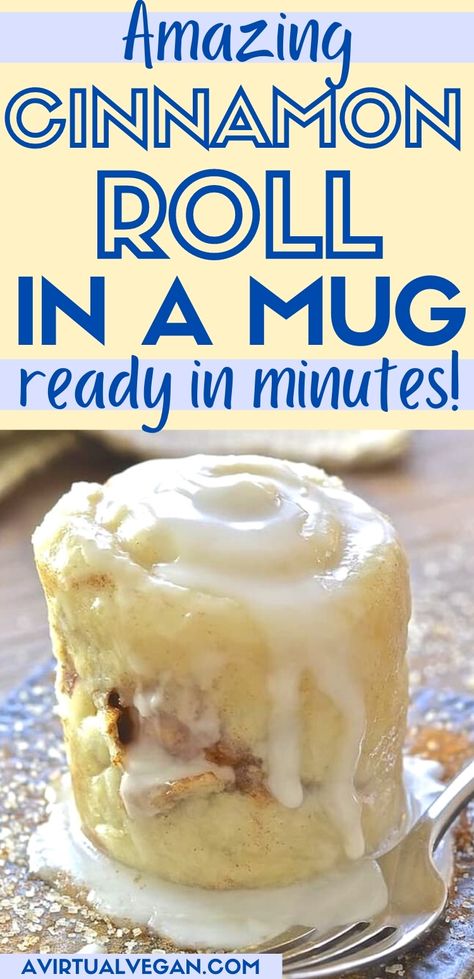 a sticky microwaved cinnamon roll mug cake Single Serving Microwave Dessert, Mug Donut Recipe, Cinnamon Roll In A Cup Recipe, Diy Microwave Desserts, Best Mug Recipes, Cakes In A Cup Microwave, Cinnamon Roll In Mug, Homemade Cake In A Mug, Delicious Mug Cake Recipes