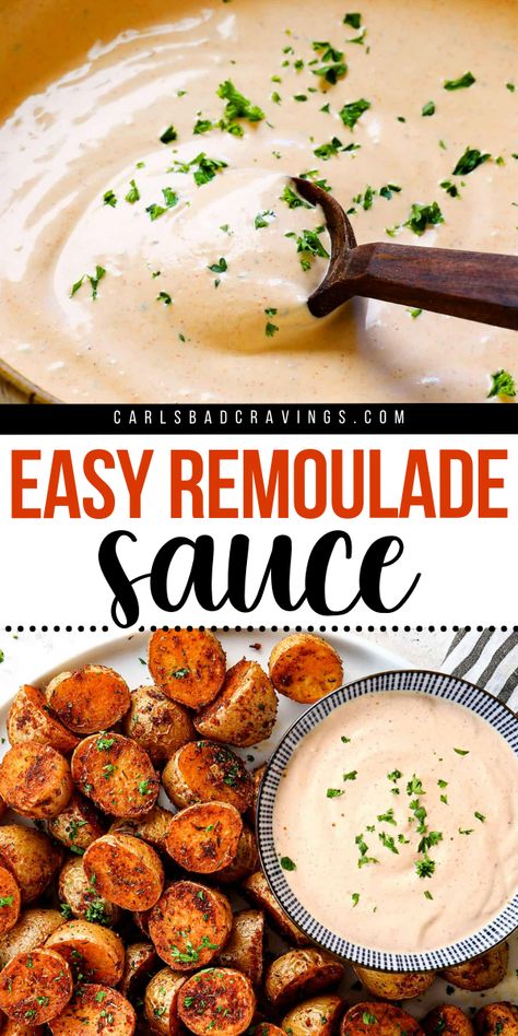 Make this Easy Remoulade Sauce Recipe for a tasty dip! This quick and easy sauce takes just 5 minutes and is a simple game day recipe or New Year's Eve food idea. This Louisiana style Remoulade is guilt free and perfect for sandwiches, burgers, seafood, and veggies. Enjoy every dip! Sauces For Dipping, Romaloude Sauce, Romelaude Sauce, Easy Remoulade Sauce, Dip Sauce Recipes, Roumalade Sauce, Remoulade Sauce Easy, Cajun Remoulade Sauce, Remoulade Sauce Recipe