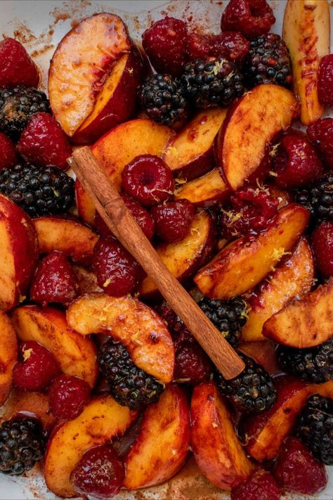 roasted summer fruit over sweet ricotta Roasted Fruit Dessert, Roasted Fruit Recipes, Roasted Peaches Dessert, Fall Fruit Dessert Recipes, Camping Dessert Ideas, Baked Fruit Recipes, Appetizers Fancy, Breville Oven, Summer Brunch Recipes