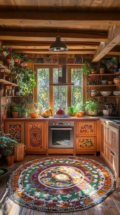 Boho kitchen with wooden cabinets, colorful rug, plants, patterned walls, and sunlight, creating a vibrant, inviting space. Boho Cabinets Kitchen, Boho Kitchen Backsplash Ideas, Hippie Kitchen Ideas, Earthy Kitchen Decor, Hippie Kitchen Decor, Earthy Homes, Hippie Kitchen, Boho Chic Kitchen, Earthy Kitchen