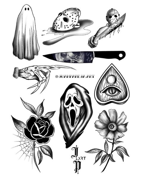 Horror Themes Tattoos, Simple Horror Movie Tattoos, Small Horror Movie Tattoos, Traditional Horror Tattoo, Horror Tattoo Designs, Friday The 13th Flash, Christus Tattoo, Halloween Tattoo Flash, Chest Tattoo Stencils