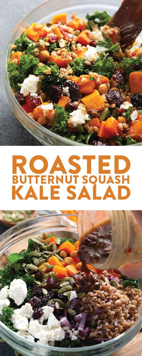 Make this Roasted Butternut Squash Kale Salad with Farro and Goat Cheese for a healthy, delicious dinner that’s made with whole grains and tons of veggies! This yummy salad is gluten-free and vegetarian and one of the best high protein vegetarian meals out there! Roasted Butternut Squash Kale Salad, Protein Vegetarian Meals, Squash Kale Salad, High Protein Vegetarian Meals, High Protein Vegetarian, Butternut Squash Kale, Protein Vegetarian, High Protein Vegetarian Recipes, Squash Salad