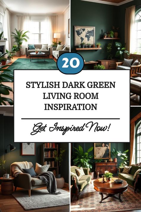 Collage of stylish dark green living room designs showcasing various decor ideas and furniture arrangements. Green Couch Green Wall Living Room, Decorating With Dark Green, Dark Green Interior Design Living Rooms, Green Color Drenched Living Room, Living Room Dark Green Couch, Green Living Room With Fireplace, Hunter Green Living Room Decor, Green Black And Gold Living Rooms, Dark Green Walls Living Room