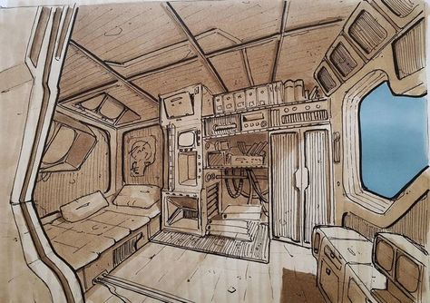 Spaceship Interior Bedrooms, Spaceship Aesthetic, Room Sketch, Cassette Futurism, Space Ships Concept, Spaceship Interior, Sci Fi Environment, Futurism, Retro Futurism