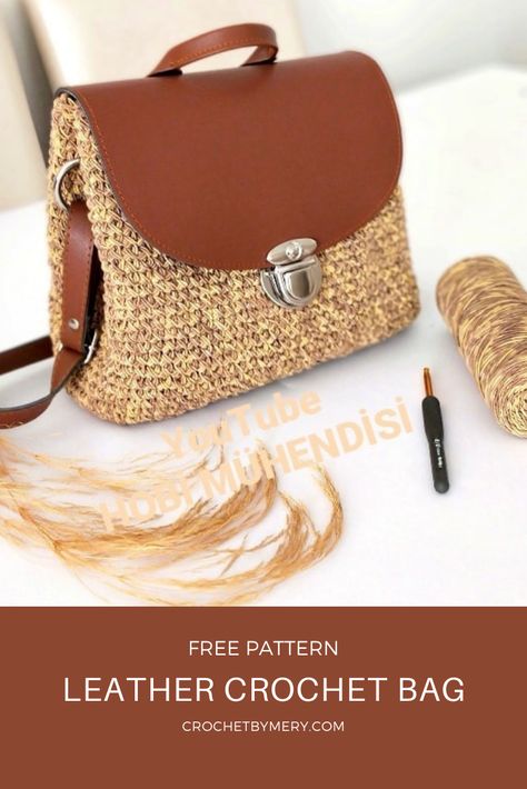 Leather crochet bag free pattern with written details and original video tutorial Crochet Leather Bag Ideas, Crochet And Leather Ideas, Leather Bag Tutorial Pattern, Crochet Leather Bag, Leather And Crochet Bag, Crochet Bag With Leather Base Pattern, Leather Crochet, Purse Patterns Free, Pattern Purse