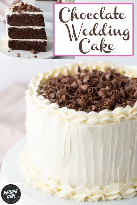 Chocolate Wedding Cake recipe from RecipeGirl.com #chocolate #wedding #cake #recipe #RecipeGirl Best Chocolate Wedding Cake Recipe, Best Wedding Cake Recipe, Chocolate Wedding Cake Recipe, Wedding Cake Recipes, Mccormick Chili, White Buttercream Frosting, Perfect Wedding Cake, Giraffe Cakes, White Buttercream