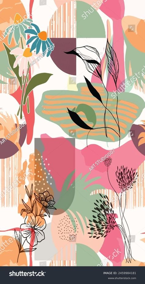 Colorful Flowers Pattern Lined Art Design Stock Illustration 2459984181 | Shutterstock Lined Art, Abstract Print Pattern, Allover Flower, Floral Abstract Pattern, Fabric Print Design, Allover Design, Print Design Art, Paisley Art, Textile Prints Design