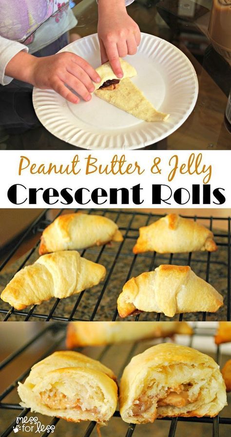 Crescent Roll Recipes: Peanut Butter and Jelly Crescents - Great recipe to make with kids. If you love PB&J sandwiches you will flip for these! Cheese Crescent Roll Recipes, Recipes Peanut Butter, Cheese Crescent Rolls, Crescent Recipes, Breakfast And Brunch, Crescent Roll Recipes, Roll Recipes, Crescent Roll, Peanut Butter And Jelly