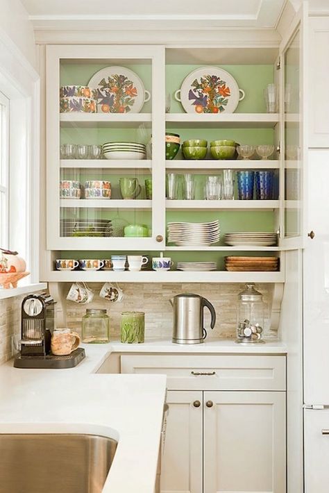 Latest Kitchen Showcase Designs7 Kitchen Cabinet Inspiration, Cabinet Inspiration, Corner Kitchen Cabinet, Kabinet Dapur, Inside Cabinets, Revere Pewter, Glass Front Cabinets, Green Walls, Kitchen Corner