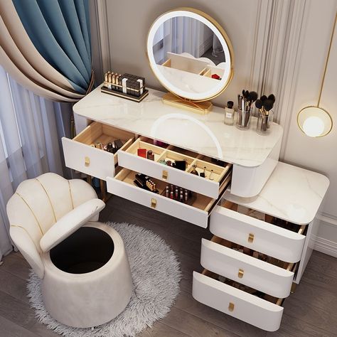 Unique Bedroom Design -Bedroom Interior Design -Elegant Bedroom Cupboard Designs Vanity Table Organization, Bedroom Vanity Table, Dressing Table Organisation, Organizers Storage, Round Bed, Drawer Bedroom, Dressing Table Storage, Luxury Storage, Bedroom Makeup Vanity