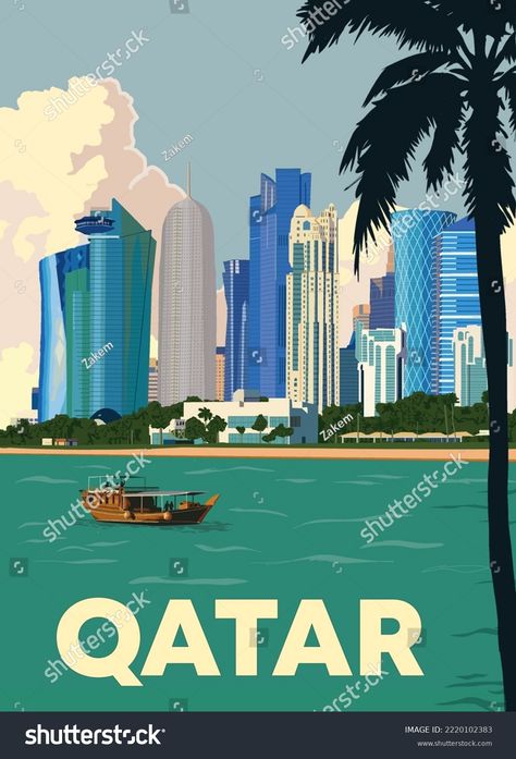 Qatar Illustration, Skyscraper View, Image Editing, 3d Objects, Qatar, Travel Posters, Skyscraper, Stock Illustration, Every Day