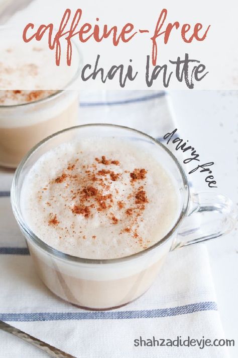 Red Rooibos tea is blended with almond butter, dates and soy milk to create a creamy, frothy and incredibly tasty caffeine free vegan chai latte recipe. #caffeinefree #chailatte #chai Paleo Beverages, Caffeine Free Drinks, Chai Latte Recipe, Collagen Recipes, Paleo Drinks, Tea Latte Recipe, Caffeine Free Tea, Food Eating, Chai Tea Latte