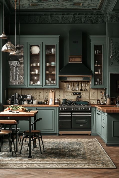 Vintage Teal Kitchen, Turquoise Cabinets Kitchen, Dark Teal Cabinets, Moody Blue Kitchen, Blue Green Kitchen Cabinets, Gray Blue Kitchen, Green And Blue Kitchen, Blue And Green Kitchen, Blue Kitchen Cabinet Ideas