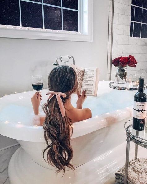 Bathtub Reading, Bathtub Photography, Caitlin Covington, Bath Photography, A Glass Of Wine, Relaxing Bath, Long Wavy Hair, Glass Of Wine, Birthday Photoshoot