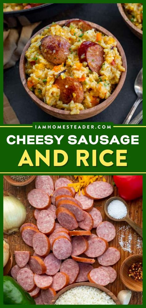 Sausage And White Rice, Cheesy Sausage And Rice, White Rice Recipe, Sausage And Rice Casserole, Sausage And Rice, Bratwurst Recipes, Sausage Rice, Steak And Rice, White Rice Recipes