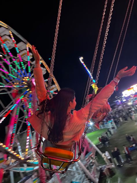 neon lights, carnival swing Poses For Amusement Park, Fair Pics Ideas, Fair Outfit Ideas Carnival Summer Night, Pictures To Take At The Fair, Preppy Amusement Park, Amusement Park Pose Ideas, Aesthetic Carnival Pictures, Six Flags Pictures Ideas, State Fair Picture Ideas