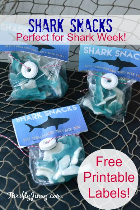 These DIY Shark Snacks with Free Printable Labels are perfect for celebrating Shark Week! Shark Snacks, Shark Printables, Shark Week Party, Crafts Summer, Shark Themed Birthday Party, Shark Birthday Party, Freebie Friday, Ocean Party, Shark Party