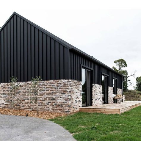 Stratco Sheds, Roof Cladding, Industrial Sheds, Farm Shed, Building A Garage, Contemporary Barn, House Cladding, Metal Cladding, Black Barn