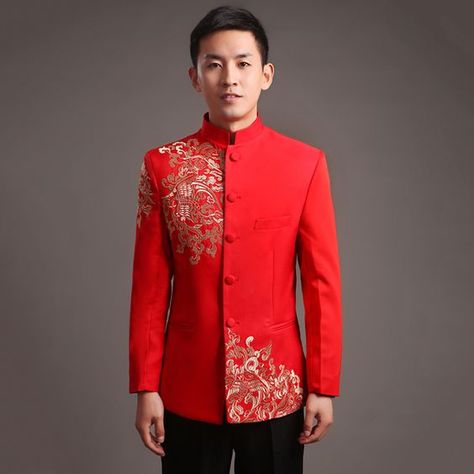 Chinese Style Wedding Dress, Chinese Suit, Men Suit Wedding, Western Outfits Men, Chinese Wedding Dress, Tang Suit, Red Tunic, Wedding Suit, Chinese Wedding