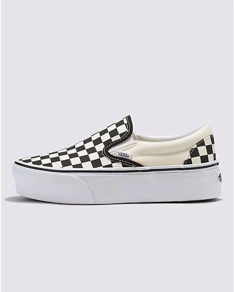 Classic Slip-On Stackform Shoe | Vans (US) Checkered Vans Platform, Vans Platform Sneakers Outfit, Platforms Aesthetic, Vans Platform, Pink Checkerboard, Platform Vans, Pretty Sneakers, Loafer Shoe, Plaid Shoes