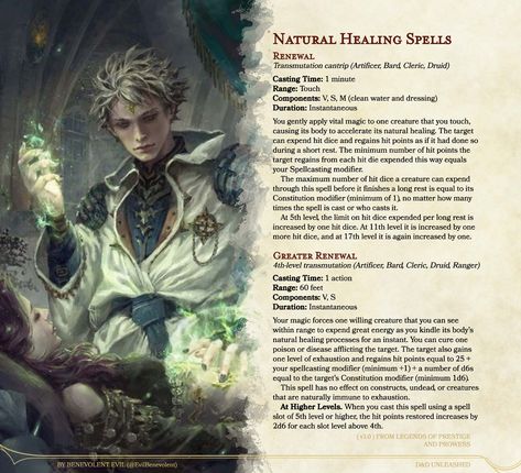 Instead of evoking positive energy into the target to heal and restore them, some healing spells speed up the body’s natural healing processes, at the cost of expending the target’s own natural life force!  D&D Unleashed is free and fanmade. See more (including the full article for these spells) at dndunleashed.com, or follow @EvilBenevolent on twitter for the newest updates and answers to questions. You can also find these spells in the homebrew section on D&D Beyond! #dnd #dndhomebrew #dnd5e Dnd Homebrew Classes 5e Healer, Dnd Healing Items, Dnd Cantrips, Spells Dnd, Druid Spells, Homebrew Spells, Life Cleric Dnd, Dnd Spells Homebrew, Dnd Homebrew Spells 5e